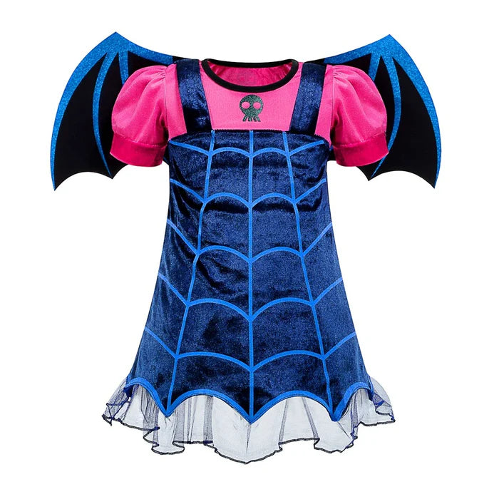 Vestido Infantil Fantasia Vampirina com tiara, em poliéster. Perfeito para crianças, combina conforto e durabilidade para festas e brincadeiras mágicas com estilo!
