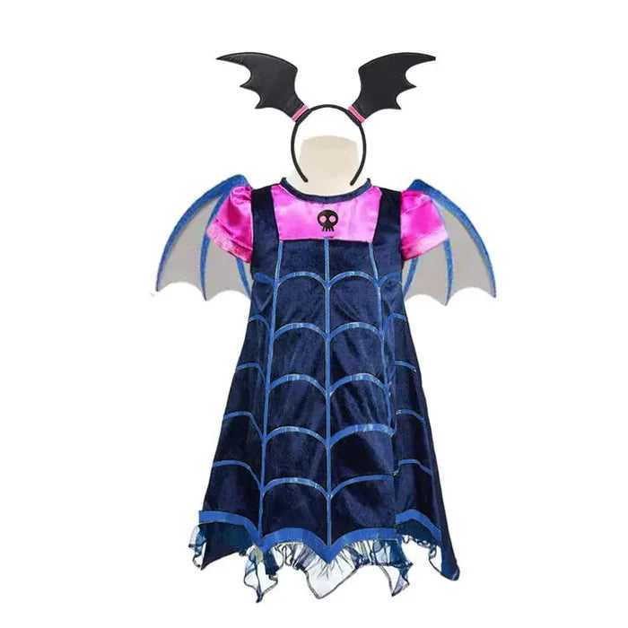 Vestido Infantil Fantasia Vampirina com tiara, em poliéster. Perfeito para crianças, combina conforto e durabilidade para festas e brincadeiras mágicas com estilo!